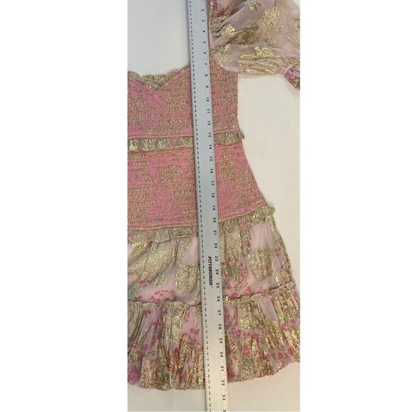 nwot HEMANT NANDITA Dress S Pink Floral Lyrics Tiered Smocked Puff-½-Sleeve Mini - Picture 14 of 16